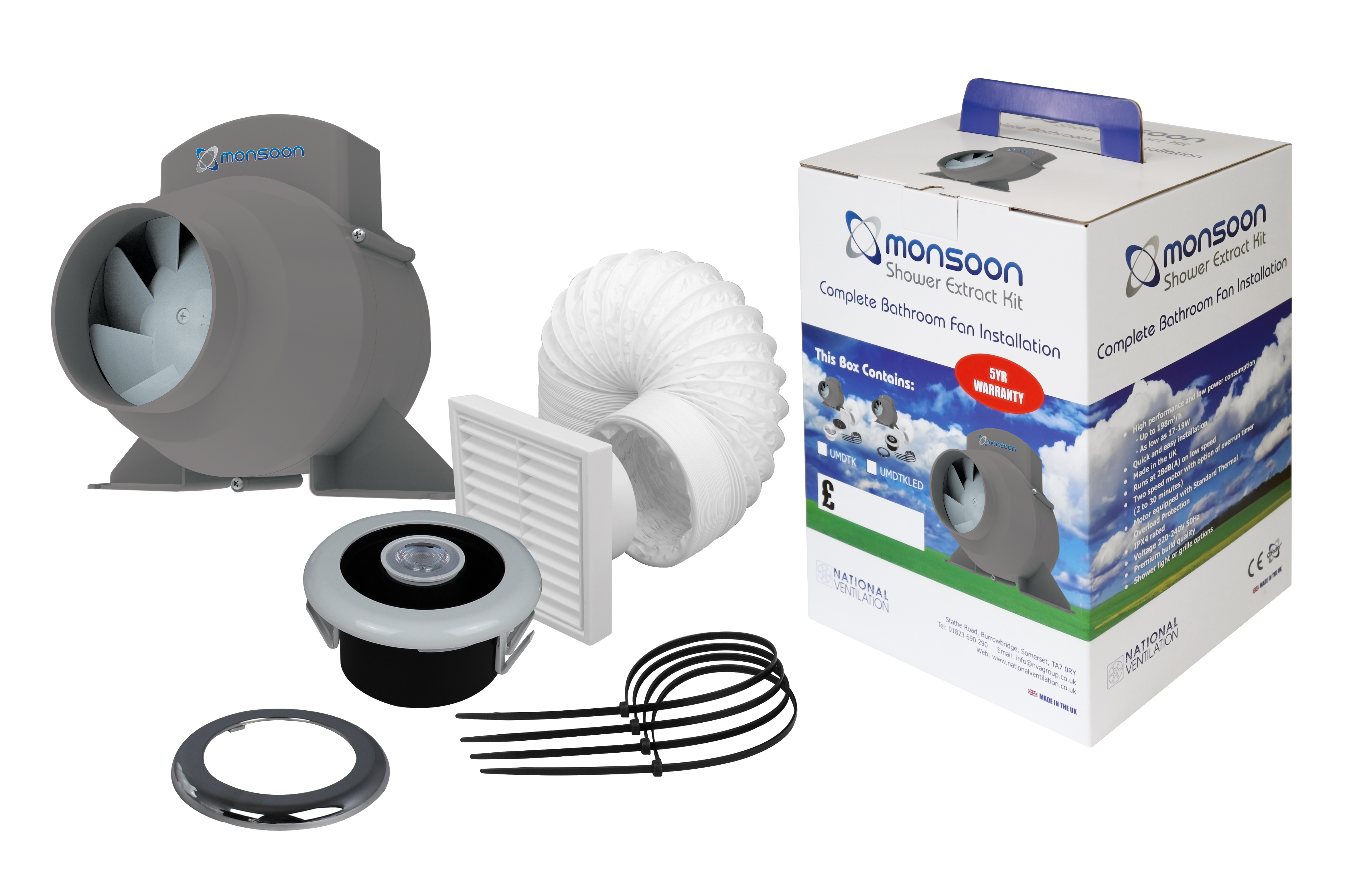 NatVent 100mm Monsoon Shower Extract Kit LED Silent Ventilation