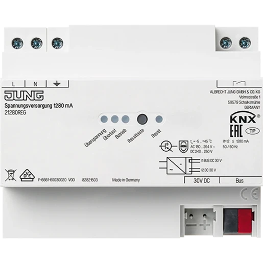 Jung Voedingseenheid bussysteem KNX 1280mA 30V DIN-rail 21280REG