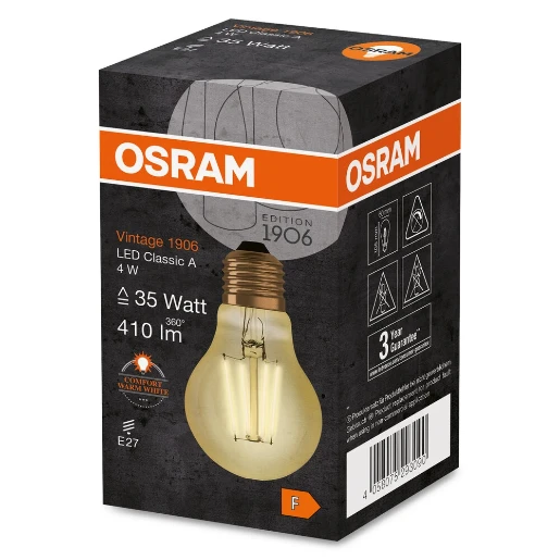 Osram Vintage 1906 E27 classic led-lamp 2400K 410lm 105mm 300° 220 - 240V Helder glas goud 4058075293090