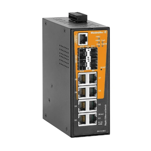 Weidmuller Network switch managed Gigabit Ethernet Number of ports: 8x RJ45 4x 100/1000BaseSFP Slot IP30 -40 °C...75 °C