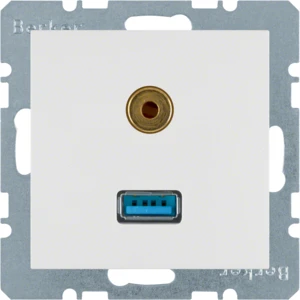 Hager berker S.1/B.3/B.7 Centraalplaat- (onderdeel) 3,5mm audio USB Basiselement met centrale afdekplaat 2 connectoren Zonder label wit 3315391909