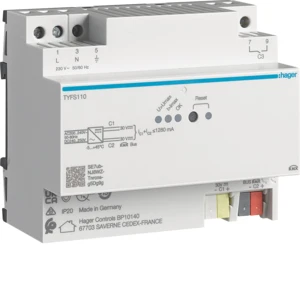 Hager voeding met 2 uitgangen incl. 1 meldcontact KNX 1280mA 21V DIN-rail TYFS110