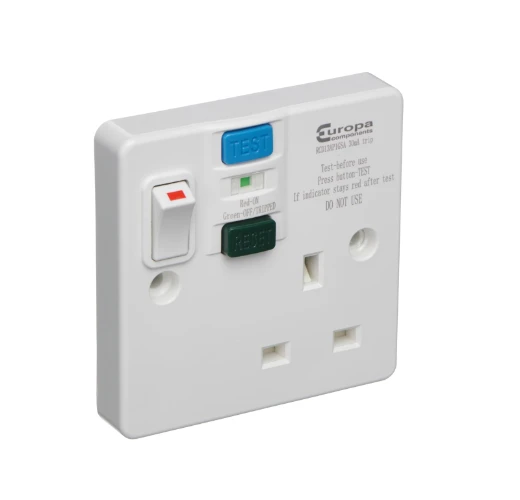 Europa single 13A plastic socket with RCD, switched