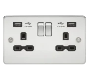 MLA Flat plate 13A 2G switched socket with dual USB charger (2.4A) - polished chrome with black insert
