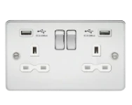 MLA Flat plate 13A 2G switched socket with dual USB charger (2.4A) - polished chrome with white insert