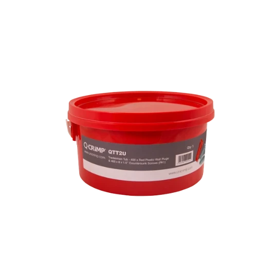 Unicrimp Qcrimp Trade Tub - 400 x Red Plastic Wall Plugs & 400 x 8 x 1.5" Countersunk Screws