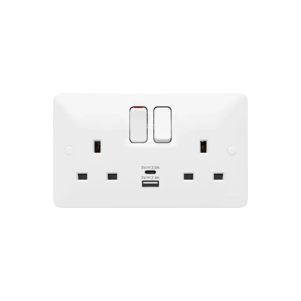 13A 2 Gang Double Pole White Switched Socket with USB A+C Ports