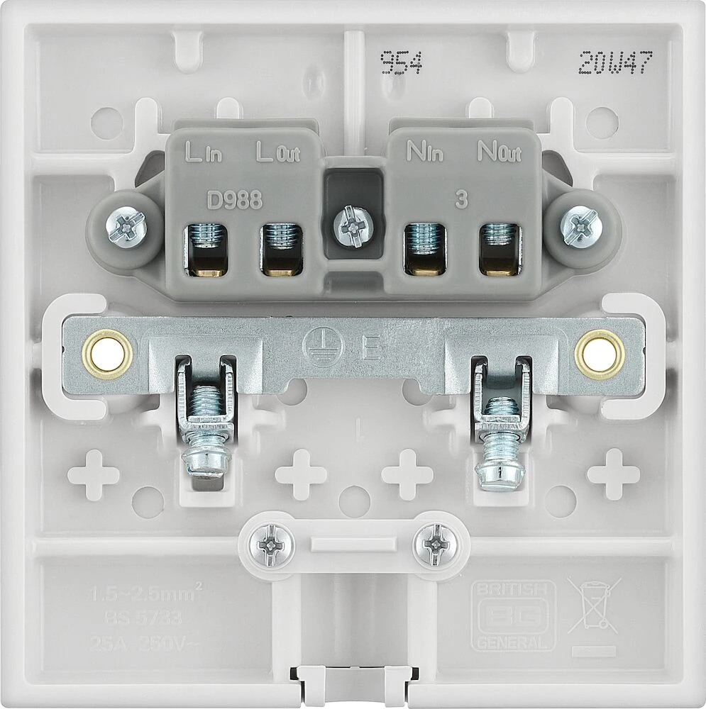 BG White Moulded Square Edge 25A Single Flex Outlet Plate Bottom Entry