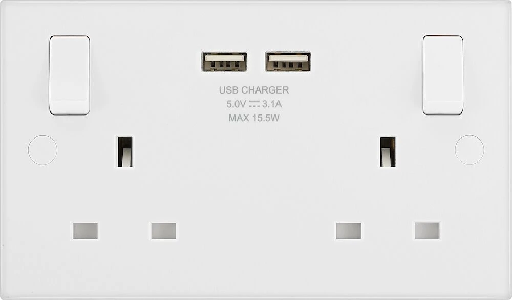 BG White Moulded Square Edge 13A Double Switched Socket with 2 x USB A (3.1A)