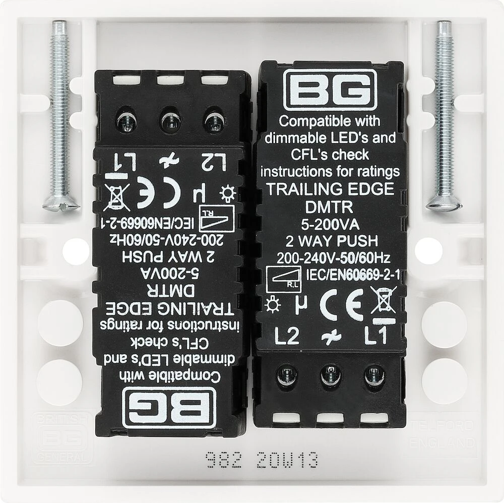 BG White Moulded Square Edge Double Dimmer Switch 2 Way, Trailing Edge 200W