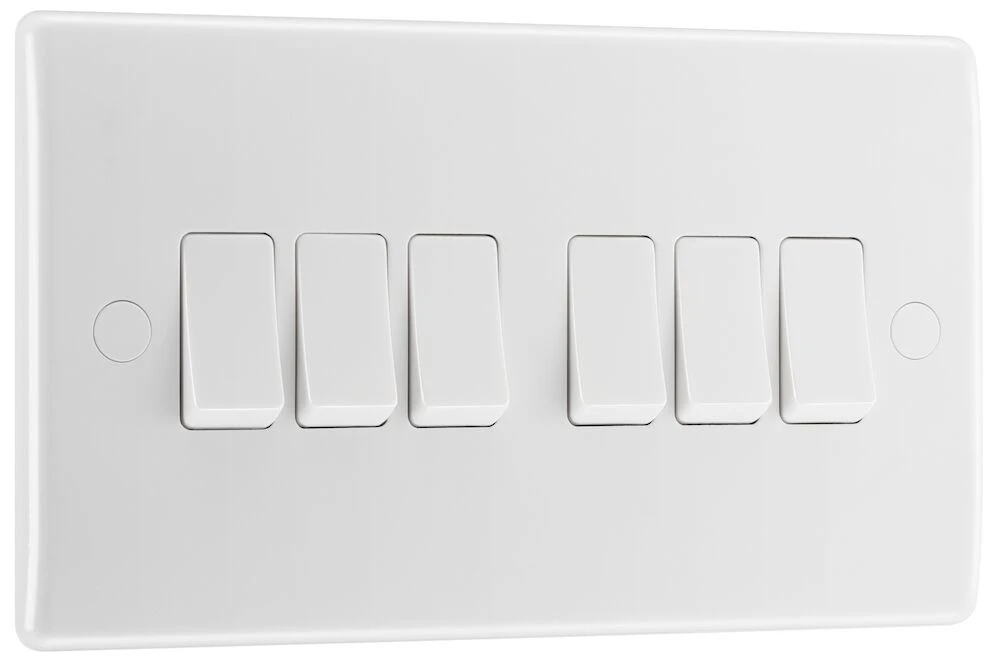 BG Nexus Series White Moulded 20A 16AX 6 Gang Switch 2 Way