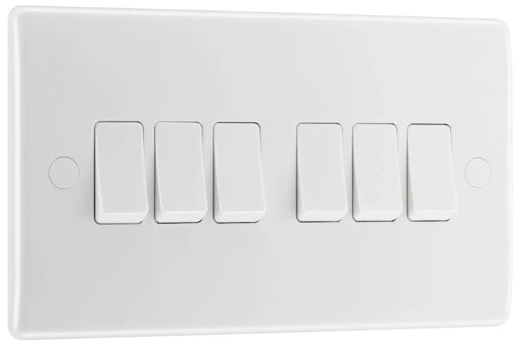 BG Nexus Series White Moulded 20A 16AX 6 Gang Switch 2 Way
