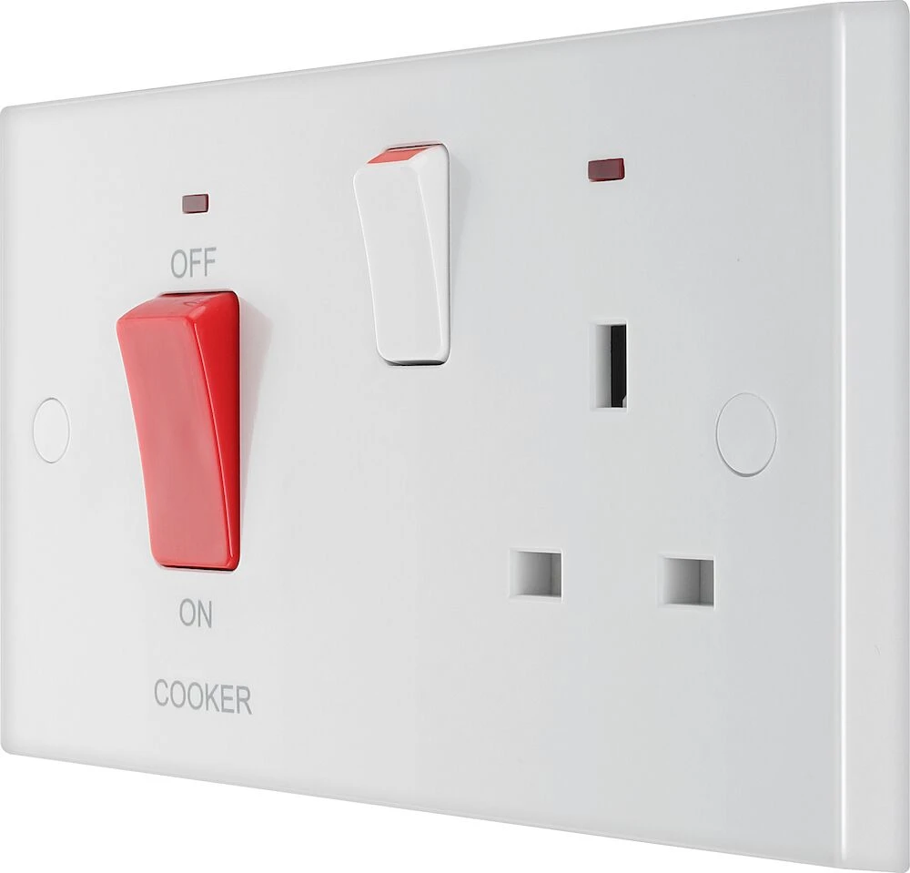 BG White Moulded Square Edge 45A Cooker Control Unit with 13A Socket And LED Indicators