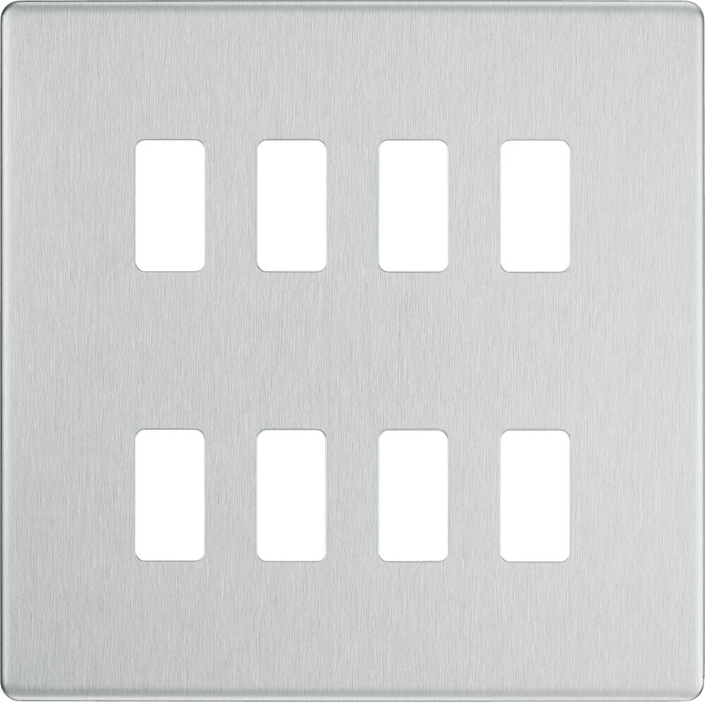 BG Grid Screwless Flatplate Square Front Plate 8 Module, Brushed Steel