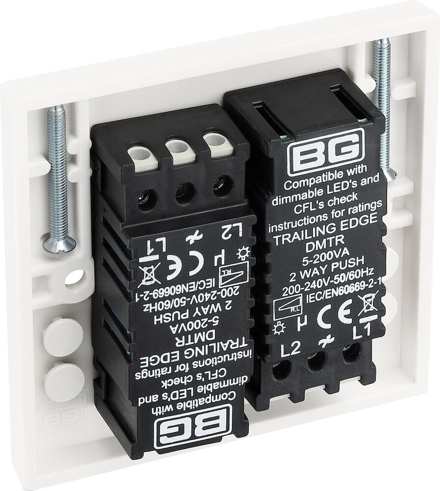 BG White Moulded Square Edge Double Dimmer Switch 2 Way, Trailing Edge 200W