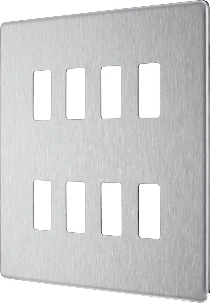 BG Grid Screwless Flatplate Square Front Plate 8 Module, Brushed Steel