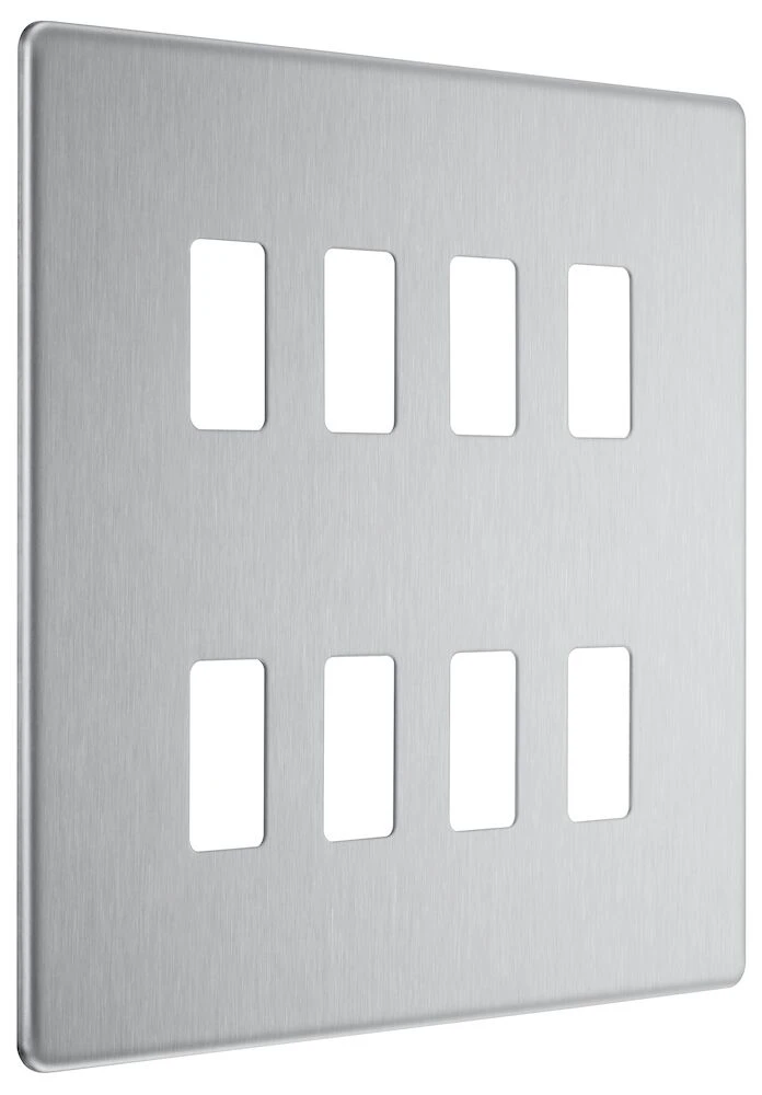 BG Grid Screwless Flatplate Square Front Plate 8 Module, Brushed Steel