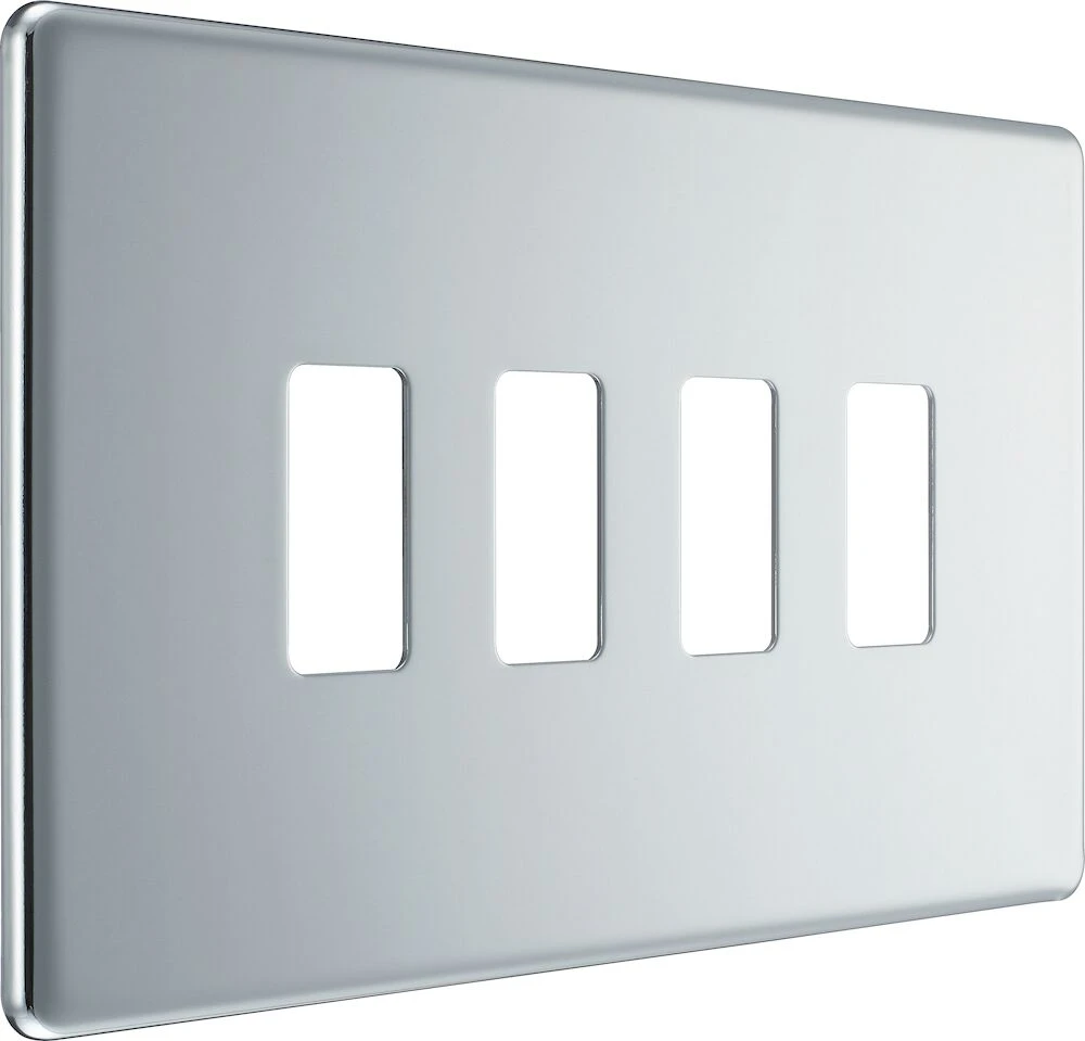 BG Grid Screwless Flatplate Rectangular Front Plate 4 Module, Polished Chrome