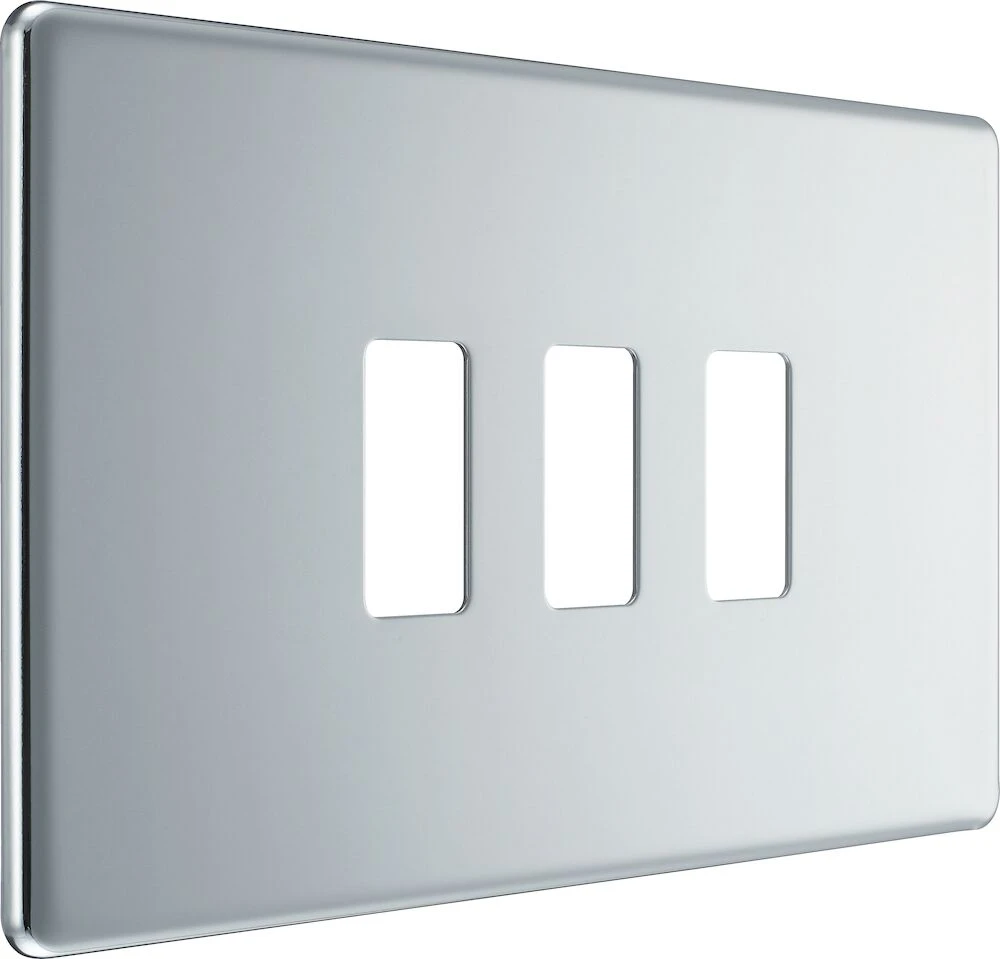 BG Grid Screwless Flatplate Rectangular Front Plate 3 Module, Polished Chrome