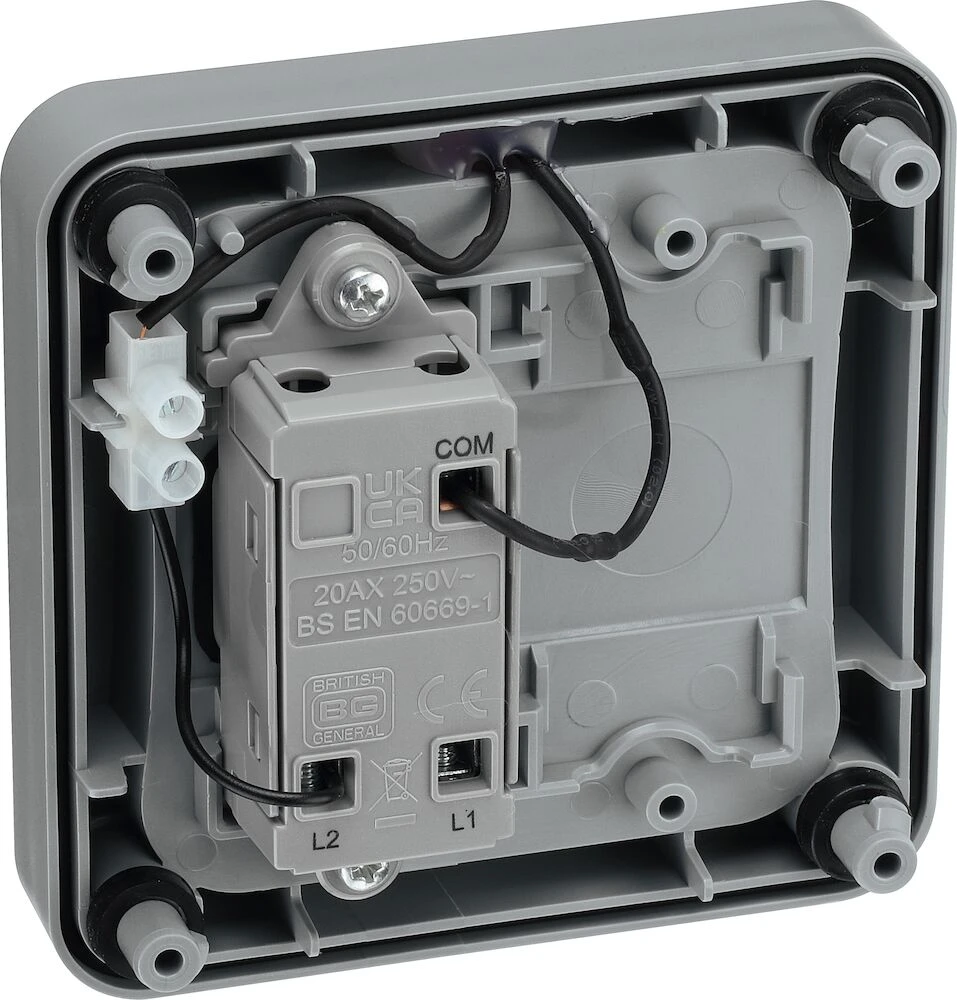 BG Nexus Storm, 20A Single Switch, 2 Way, Retractive, Marked 'PRESS', IP66