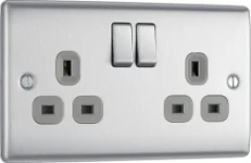 BG Nexus Metal Brushed Steel, 13A Double Switched Socket, Grey Inserts
