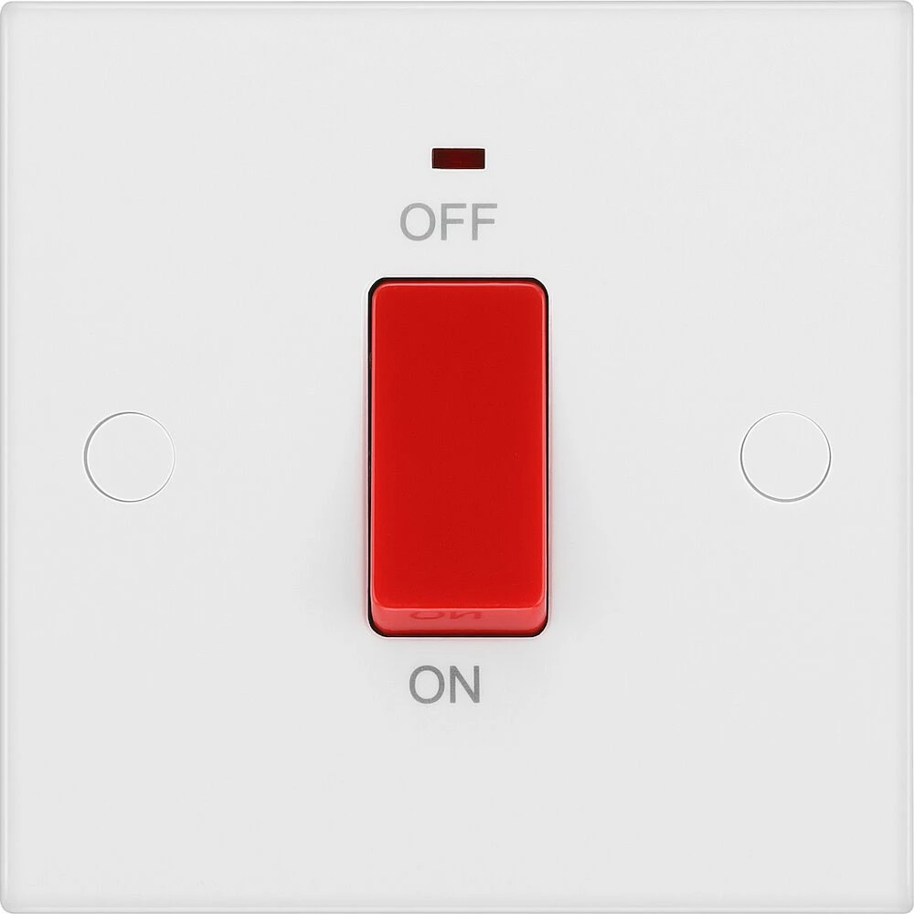 BG White Moulded Square Edge 45A Square Plate Double Pole Switch with LED Indicator