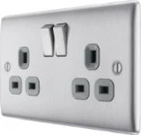 BG Nexus Metal Brushed Steel, 13A Double Switched Socket, Grey Inserts