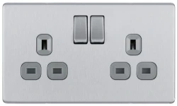 BG Screwless Flat plate Brushed Steel, 13A Double Switched Socket, Grey Inserts