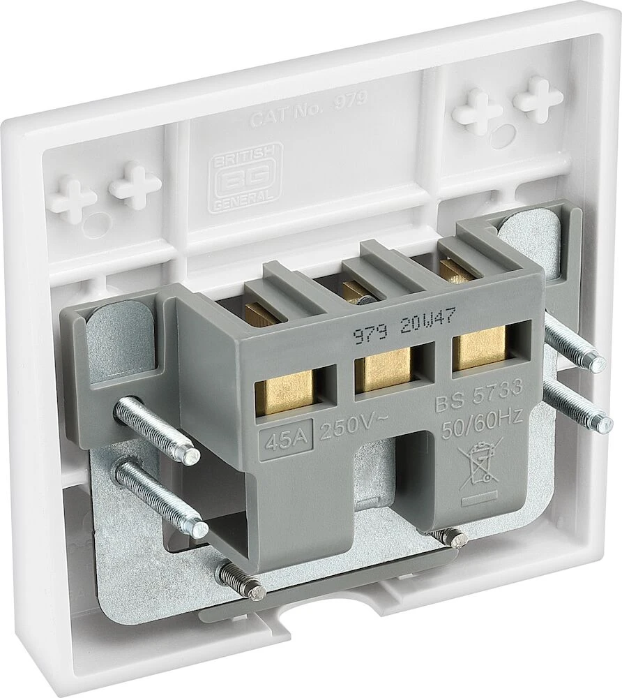 BG White Moulded Square Edge 45A Cooker Flex Outlet Plate Bottom Entry