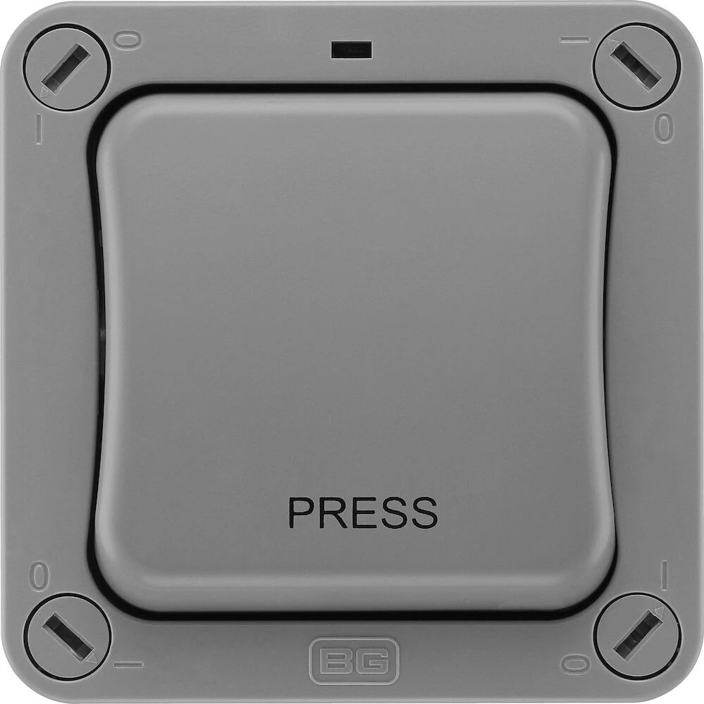 BG Nexus Storm, 20A Single Switch, 2 Way, Retractive, Marked 'PRESS', IP66