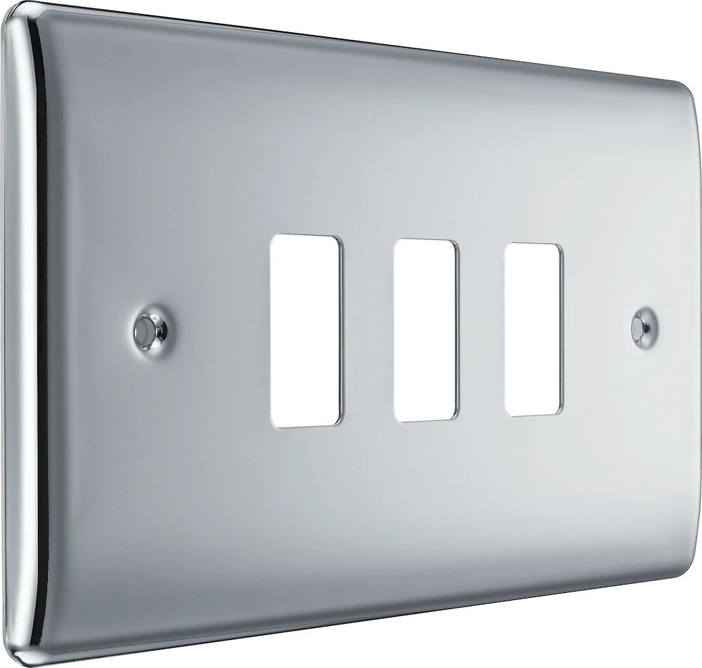 BG Grid Nexus Metal Rectangular Front Plate 3 Module, Polished Chrome