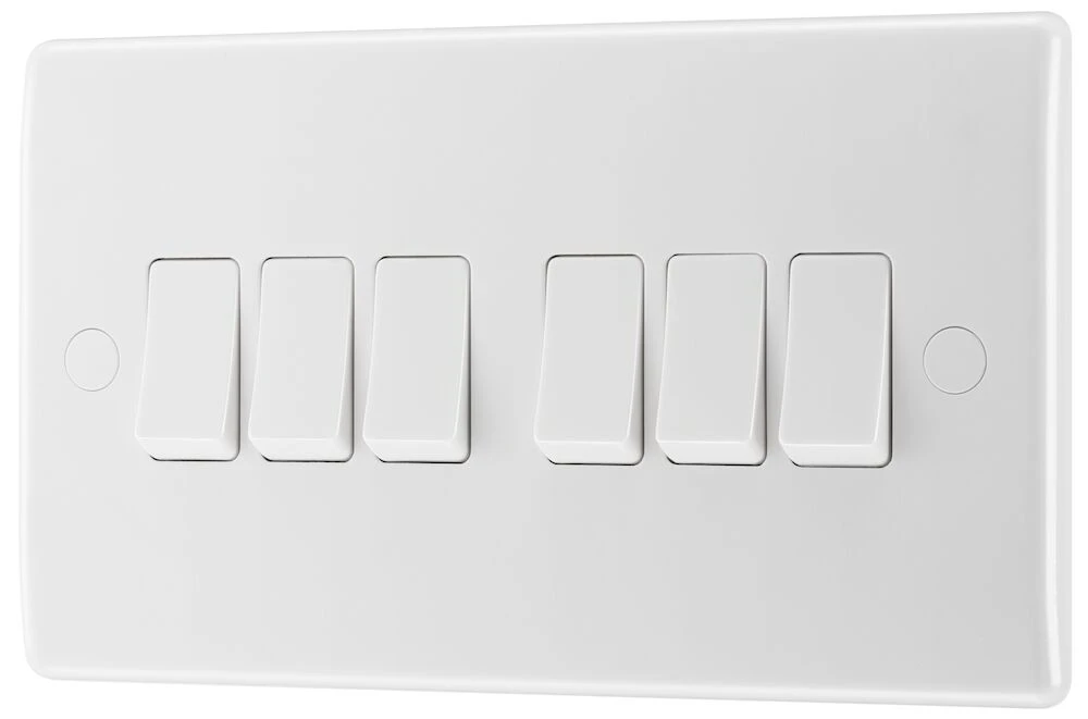 BG Nexus Series White Moulded 20A 16AX 6 Gang Switch 2 Way