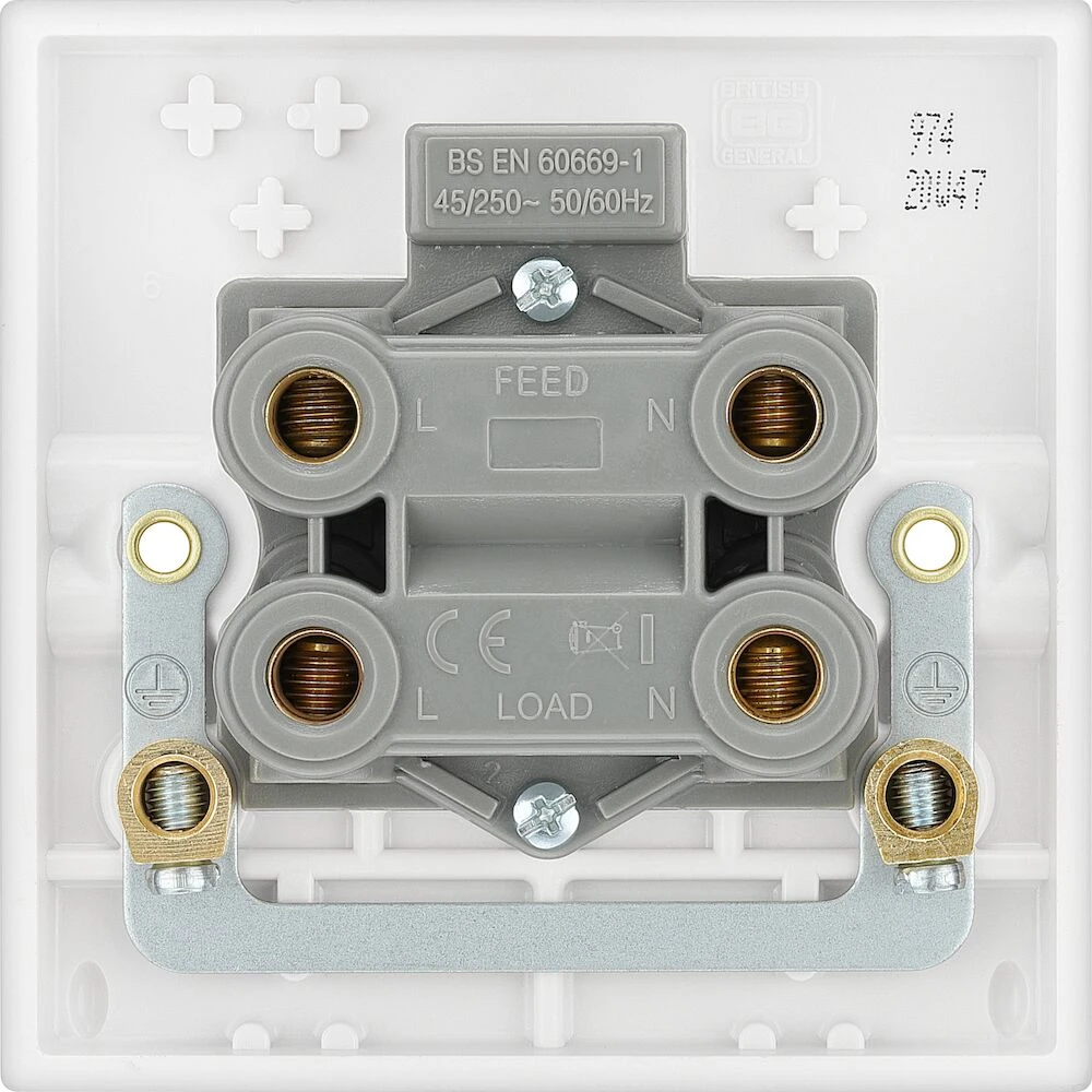 BG White Moulded Square Edge 45A Square Plate Double Pole Switch with LED Indicator