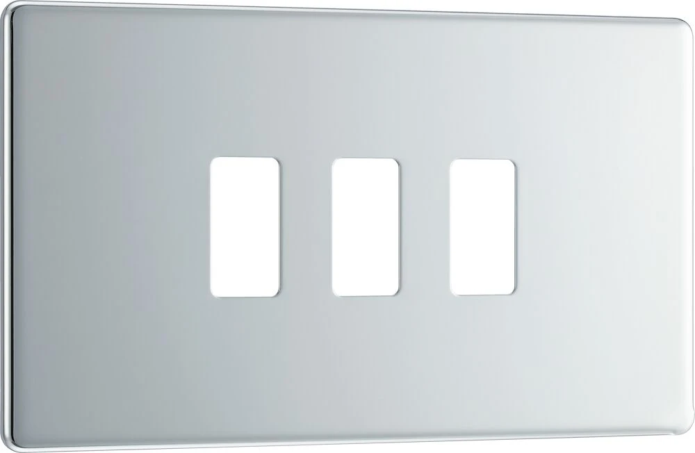 BG Grid Screwless Flatplate Rectangular Front Plate 3 Module, Polished Chrome