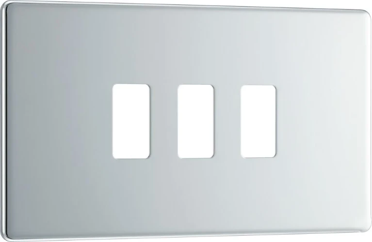 BG Grid Screwless Flatplate Rectangular Front Plate 3 Module, Polished Chrome