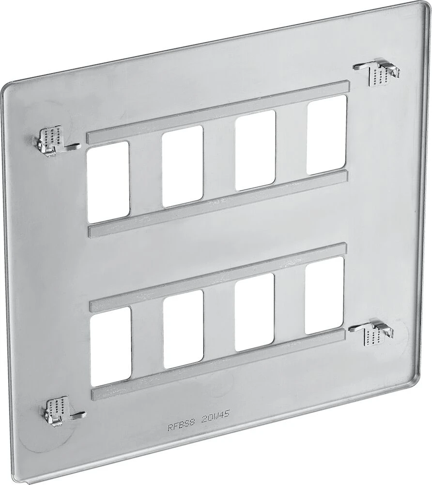 BG Grid Screwless Flatplate Square Front Plate 8 Module, Brushed Steel