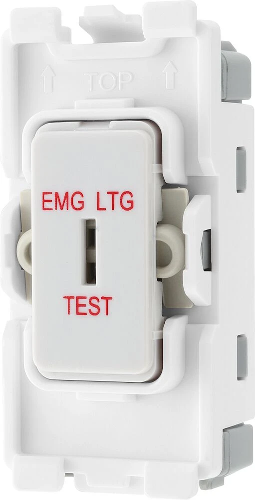 BG Grid 20A Secret Key Switch Module 2 Way, Single Pole, Printed EMG LTG TEST, White