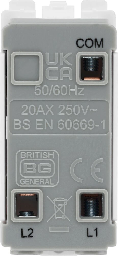 BG Grid 20A Secret Key Switch Module 2 Way, Single Pole, Printed EMG LTG TEST, White