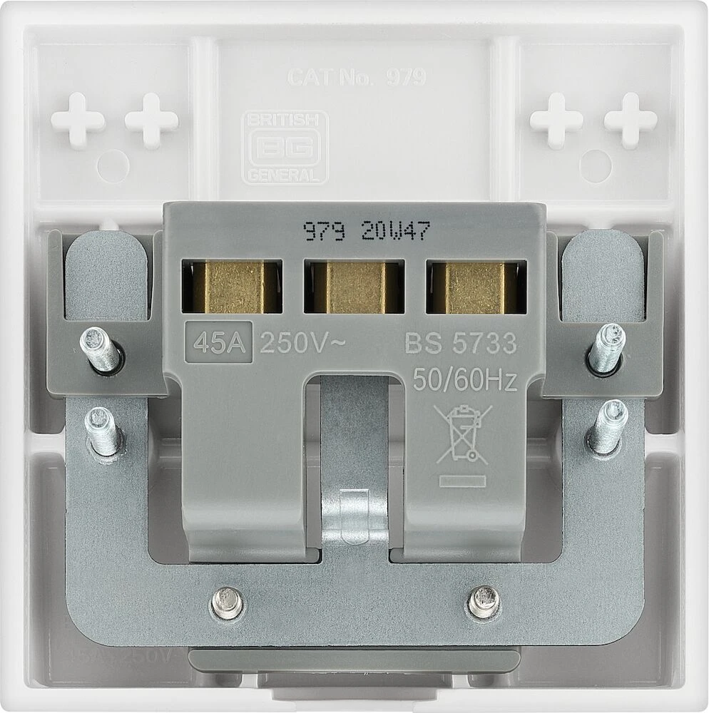 BG White Moulded Square Edge 45A Cooker Flex Outlet Plate Bottom Entry
