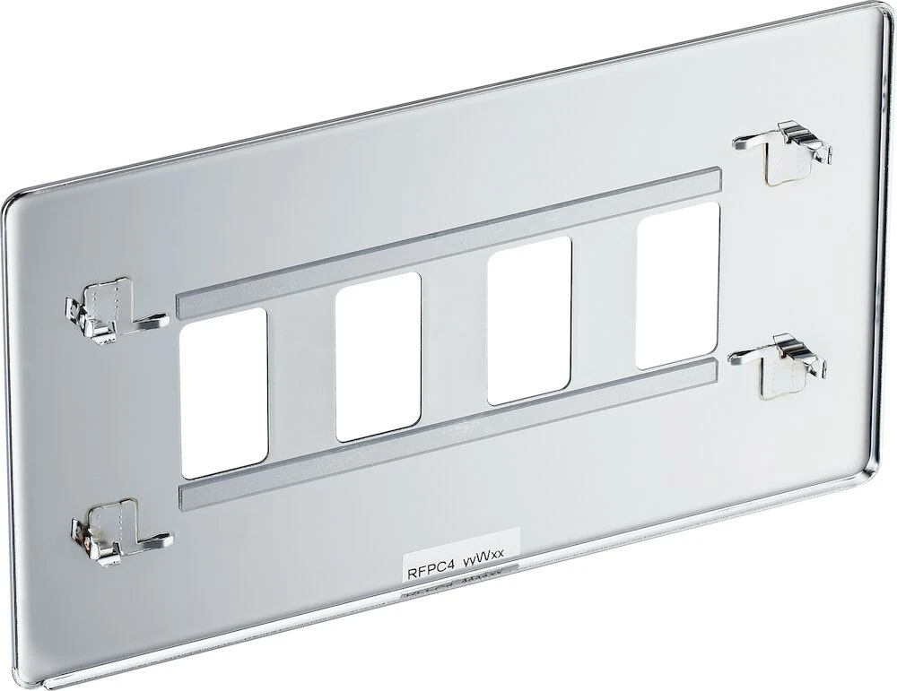 BG Grid Screwless Flatplate Rectangular Front Plate 4 Module, Polished Chrome