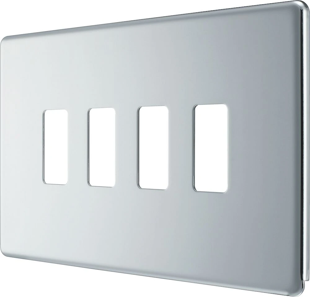 BG Grid Screwless Flatplate Rectangular Front Plate 4 Module, Polished Chrome