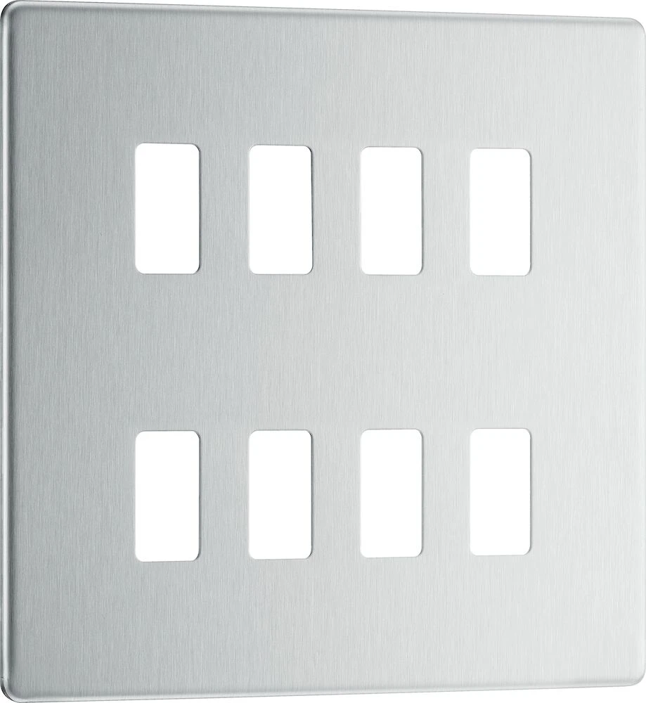 BG Grid Screwless Flatplate Square Front Plate 8 Module, Brushed Steel