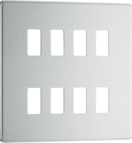 BG Grid Screwless Flatplate Square Front Plate 8 Module, Brushed Steel