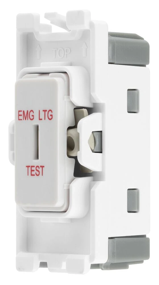 BG Grid 20A Secret Key Switch Module 2 Way, Single Pole, Printed EMG LTG TEST, White