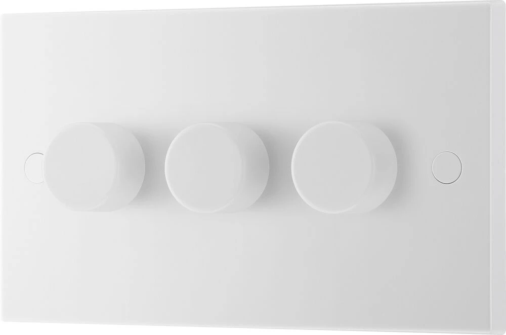 BG White Moulded Square Edge Triple Dimmer Switch 2 Way, Trailing Edge 200W