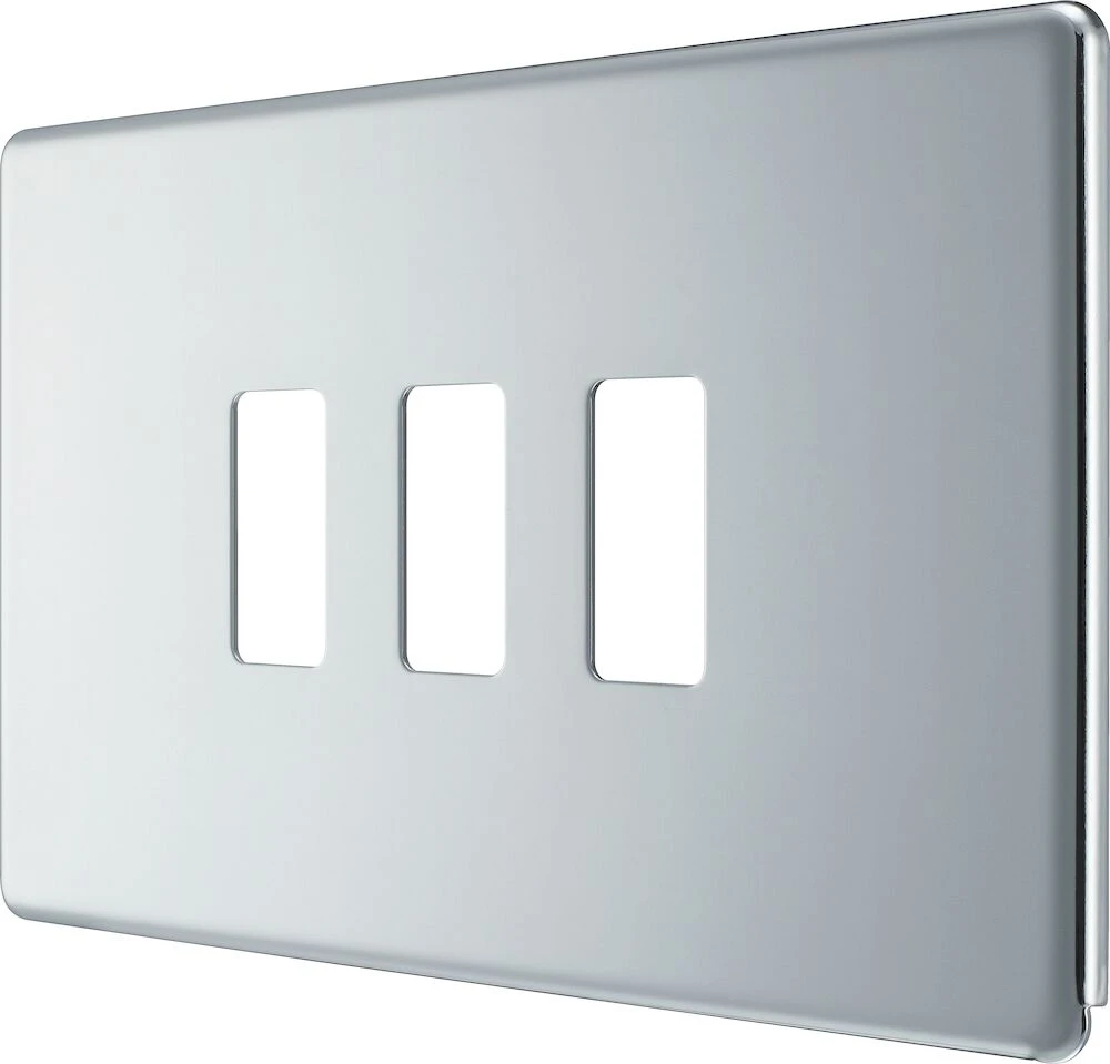 BG Grid Screwless Flatplate Rectangular Front Plate 3 Module, Polished Chrome