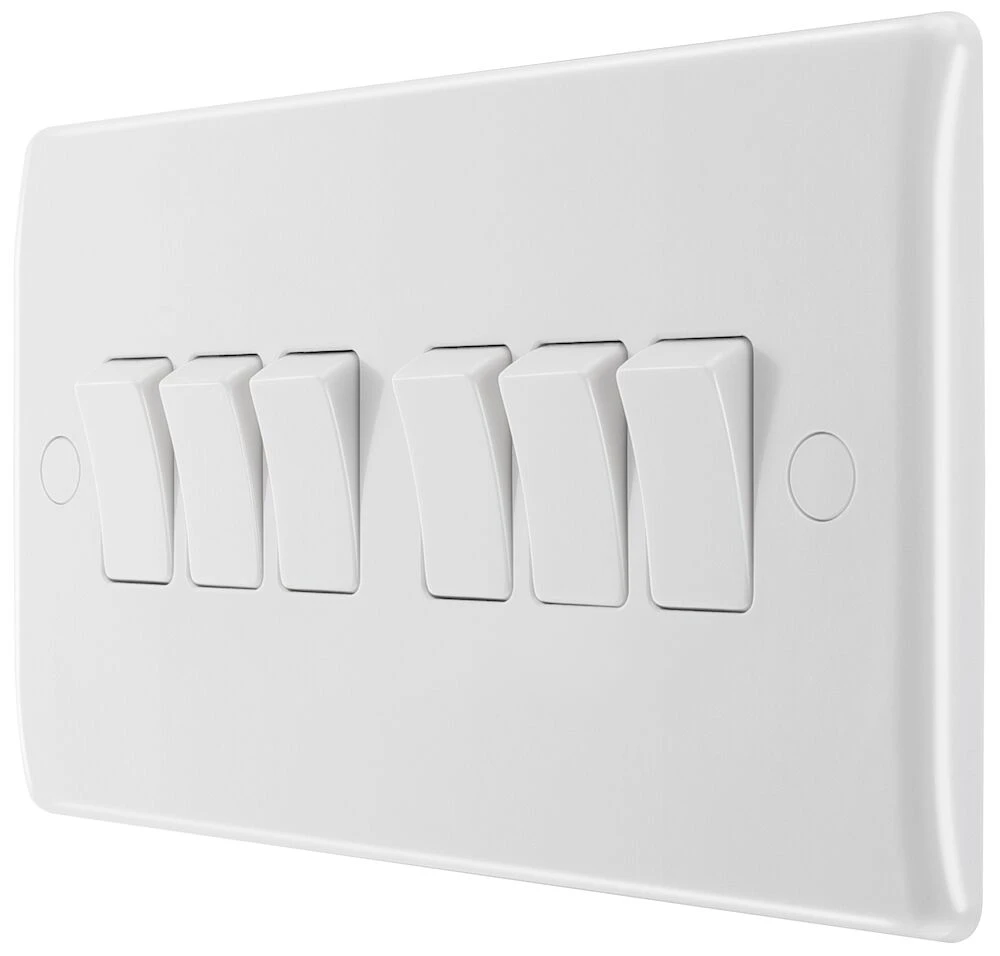 BG Nexus Series White Moulded 20A 16AX 6 Gang Switch 2 Way
