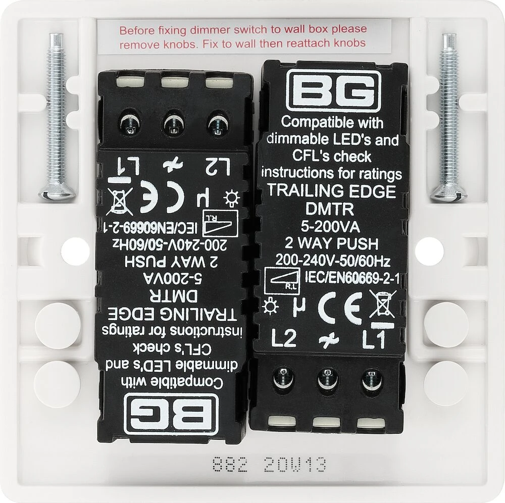 BG Nexus Series White Moulded Double Dimmer Switch 2 Way, Trailing Edge 200W