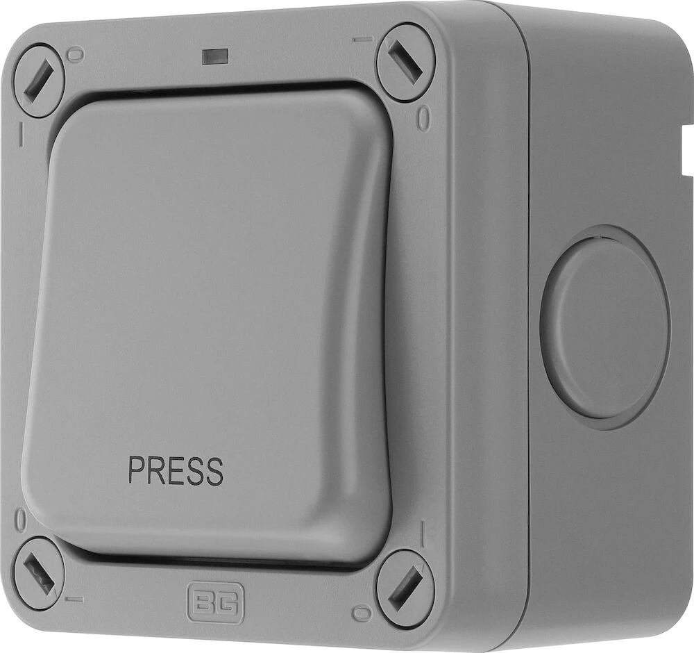 BG Nexus Storm, 20A Single Switch, 2 Way, Retractive, Marked 'PRESS', IP66