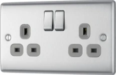 BG Nexus Metal Brushed Steel, 13A Double Switched Socket, Grey Inserts